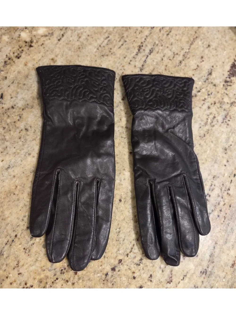 Womens Size M/L Brown Leather Fleece Lined Gloves Scroll Embroidered